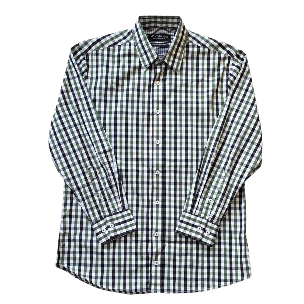 Nick Graham Medium Green Plaid Luxury‎ Modern Fit Gingham Button Down Shirt
